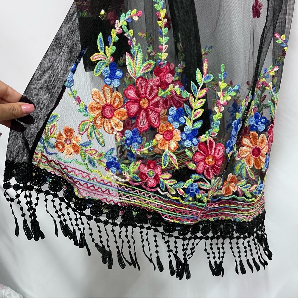 Floral Embroidered Sheer Kimono swim coverup mesh - Picture 3 of 14